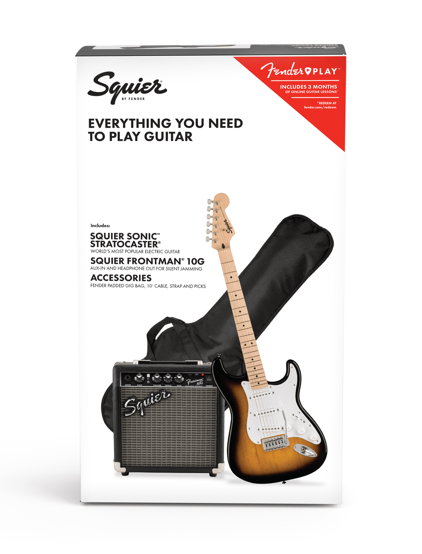 Squier Sonic® Stratocaster® Pack, Maple Fingerboard, 2-Color Sunburst, Gig Bag