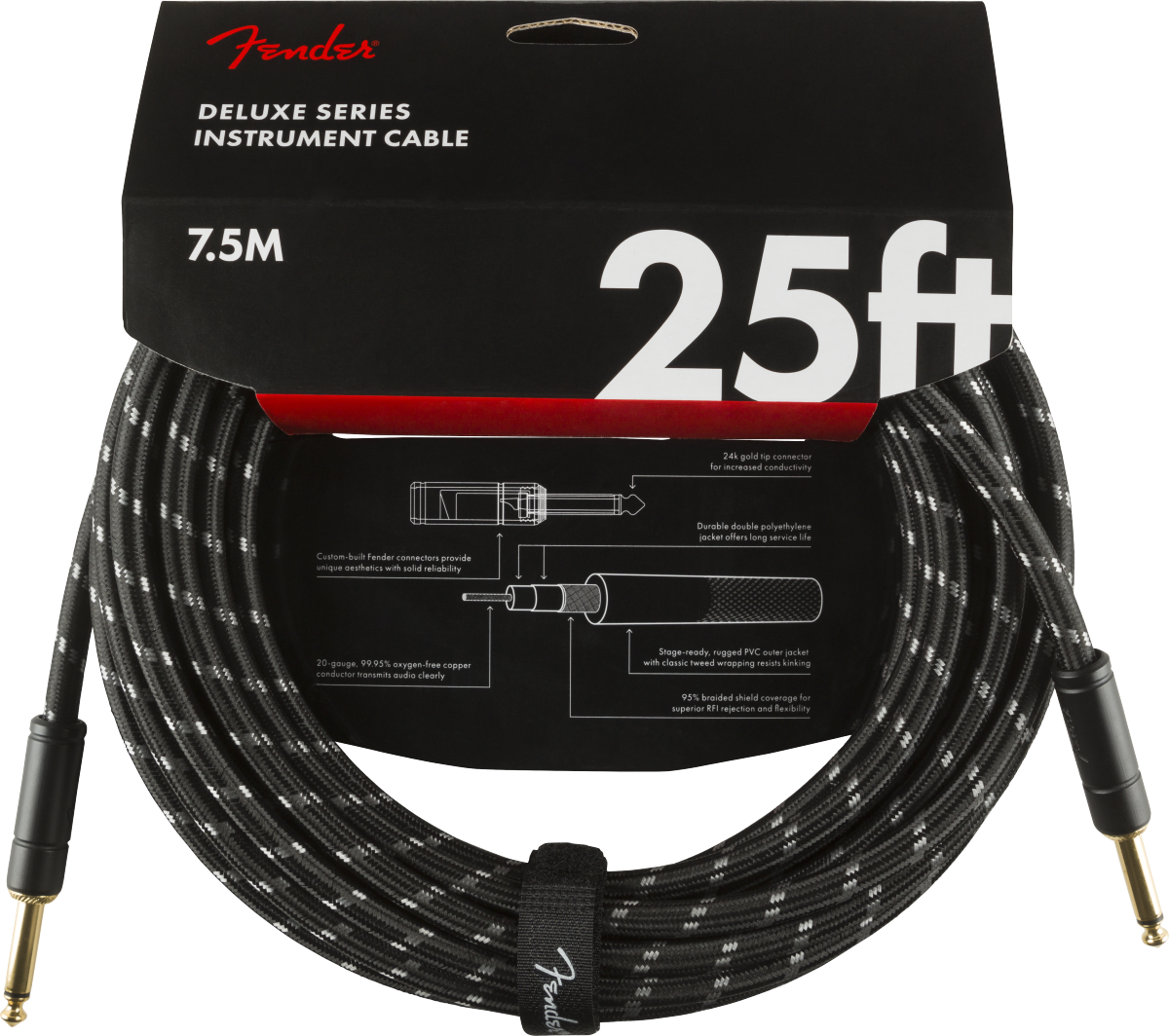 Deluxe Series Instrument Cable, Straight/Straight, 25', Black Tweed