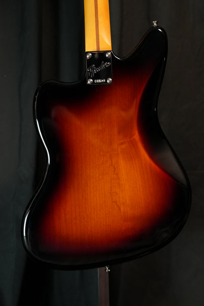 Rear view of Fender American Professional Classic Jaguar in 3-Color Sunburst showing alder body and offset contour for sale in USA