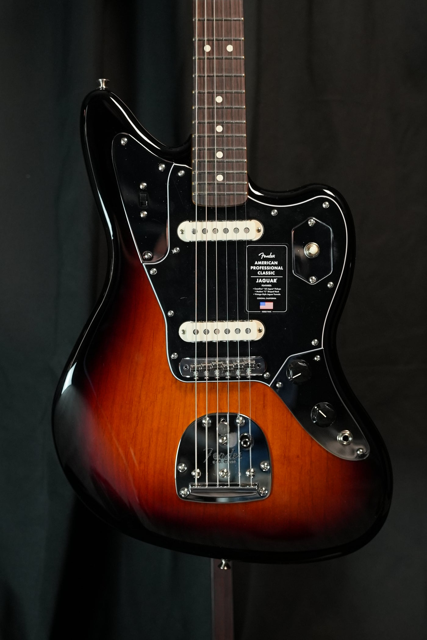 Front view of Fender American Professional Classic Jaguar in 3-Color Sunburst finish with rosewood fingerboard at Vera Guitars Charles NC
