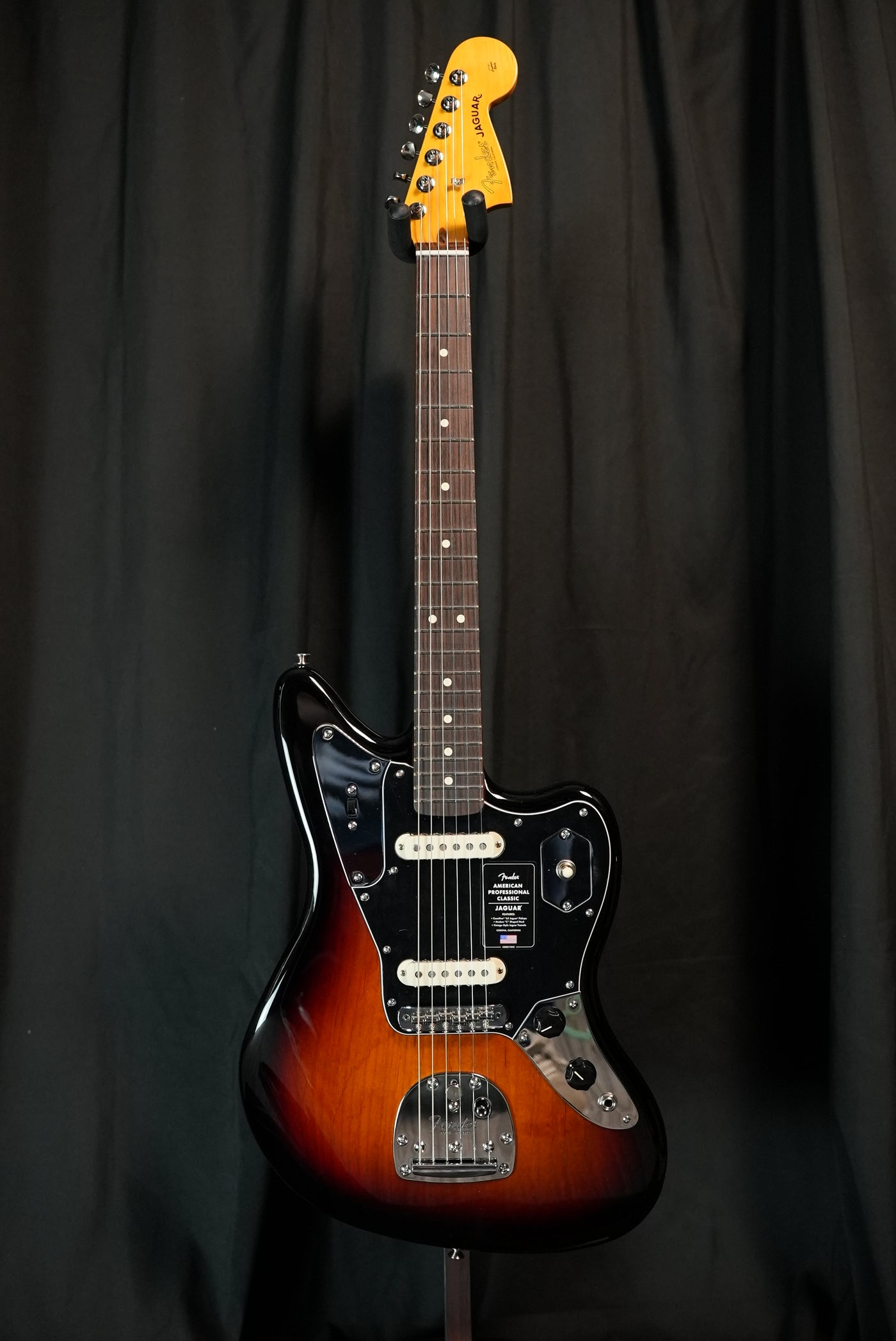 Fender American Professional Classic Jaguar in 3-Color Sunburst angled view showcasing finish, hardware, and offset design