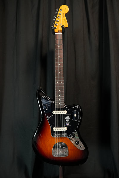 Fender American Professional Classic Jaguar in 3-Color Sunburst angled view showcasing finish, hardware, and offset design