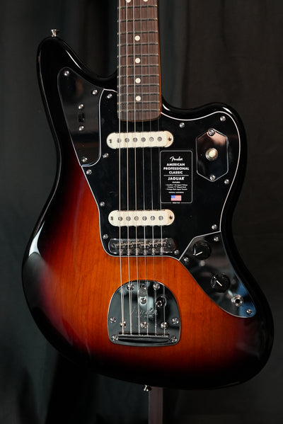 Detail of V-Mod single-coil pickups and floating tremolo bridge on Fender American Professional Classic Jaguar in 3-Color Sunburst at Vera Guitars