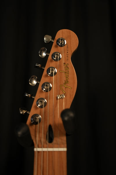 Close-up of headstock and roasted maple neck on Fender Limited Edition Player II Telecaster Charcoal Frost Metallic