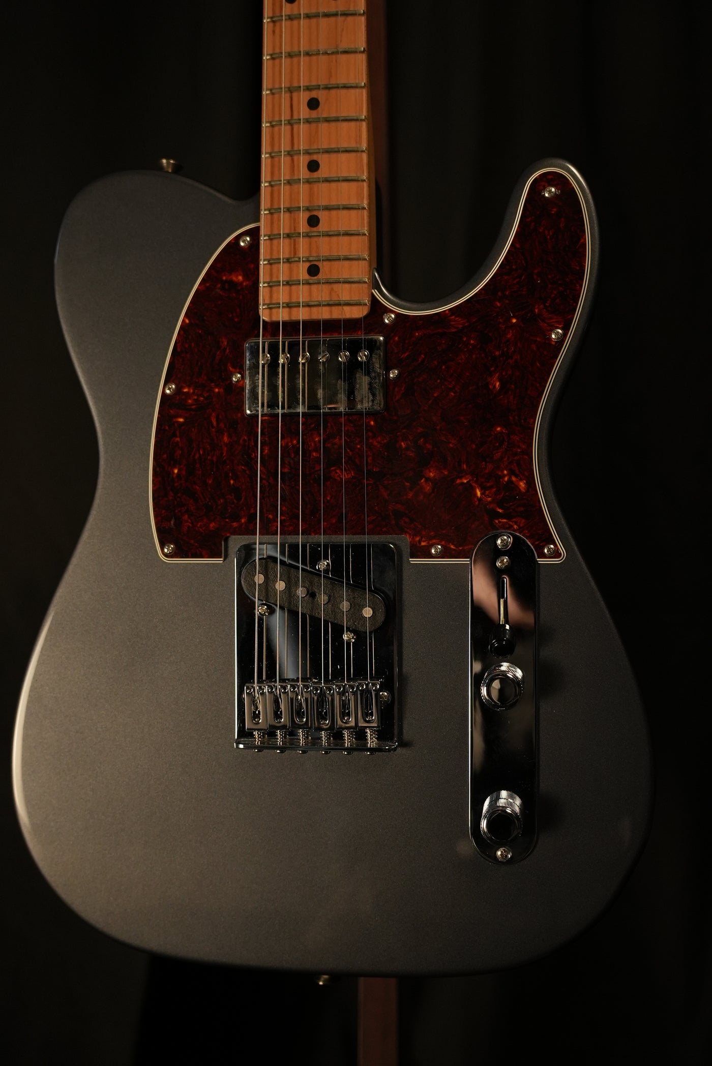 Close-up of Custom Shop Texas Special pickups and 6-saddle string-through-body bridge on Fender Limited Edition Player II Telecaster Charcoal Frost Metallic at Vera Guitars