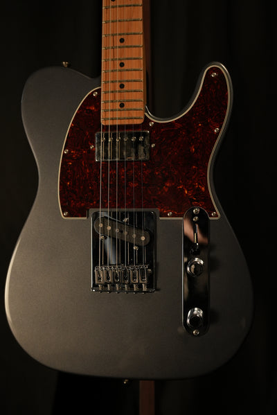 Close-up of Custom Shop Texas Special pickups and 6-saddle string-through-body bridge on Fender Limited Edition Player II Telecaster Charcoal Frost Metallic at Vera Guitars