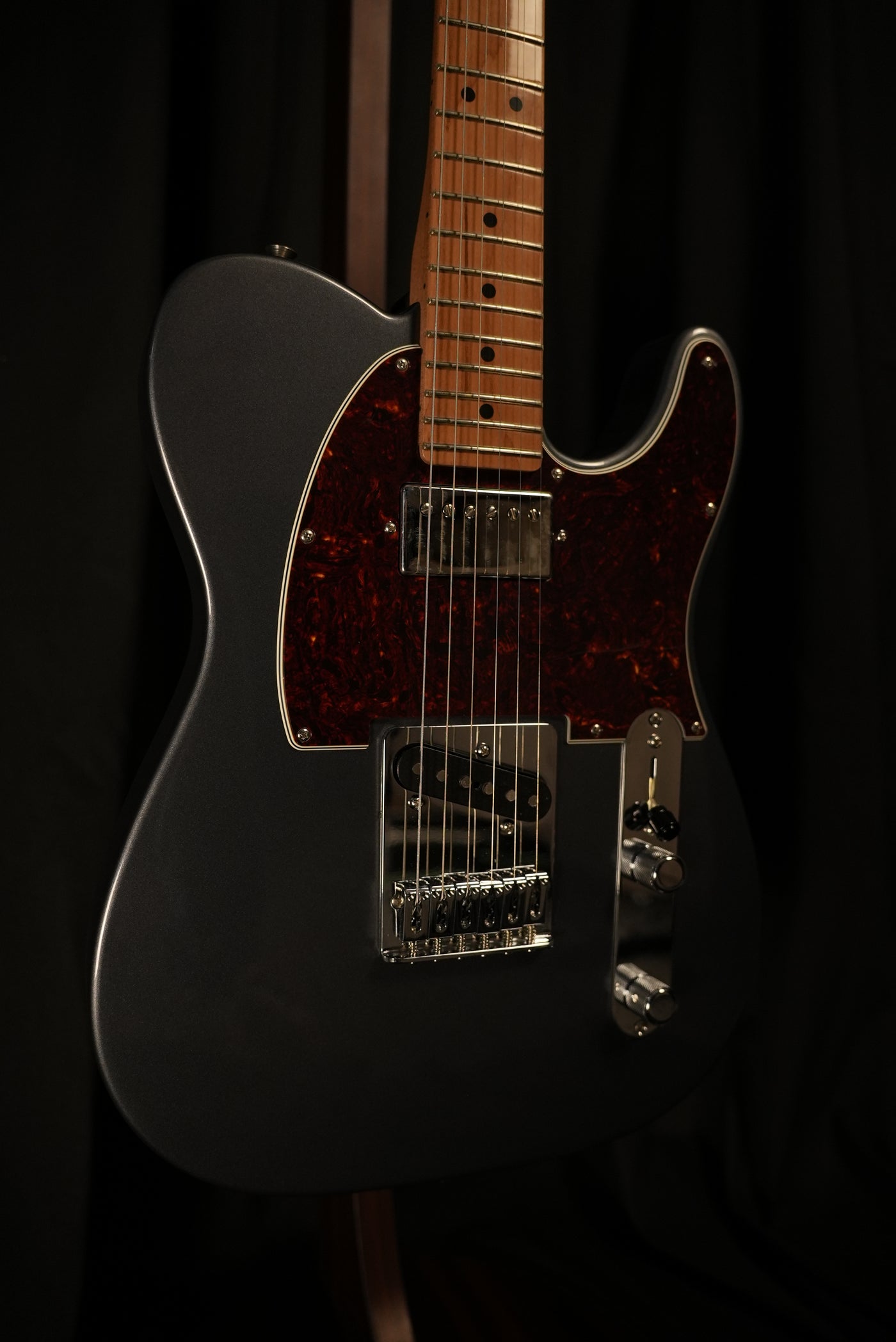 Detail of Custom Shop Texas Special pickups and 6-saddle string-through-body bridge on Fender Limited Edition Player II Telecaster Charcoal Frost Metallic at Vera Guitars