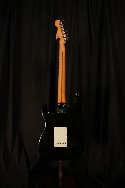 Full angle Rear view of Fender Vintera II ’50s Stratocaster Black showing alder body and gloss polyester finish