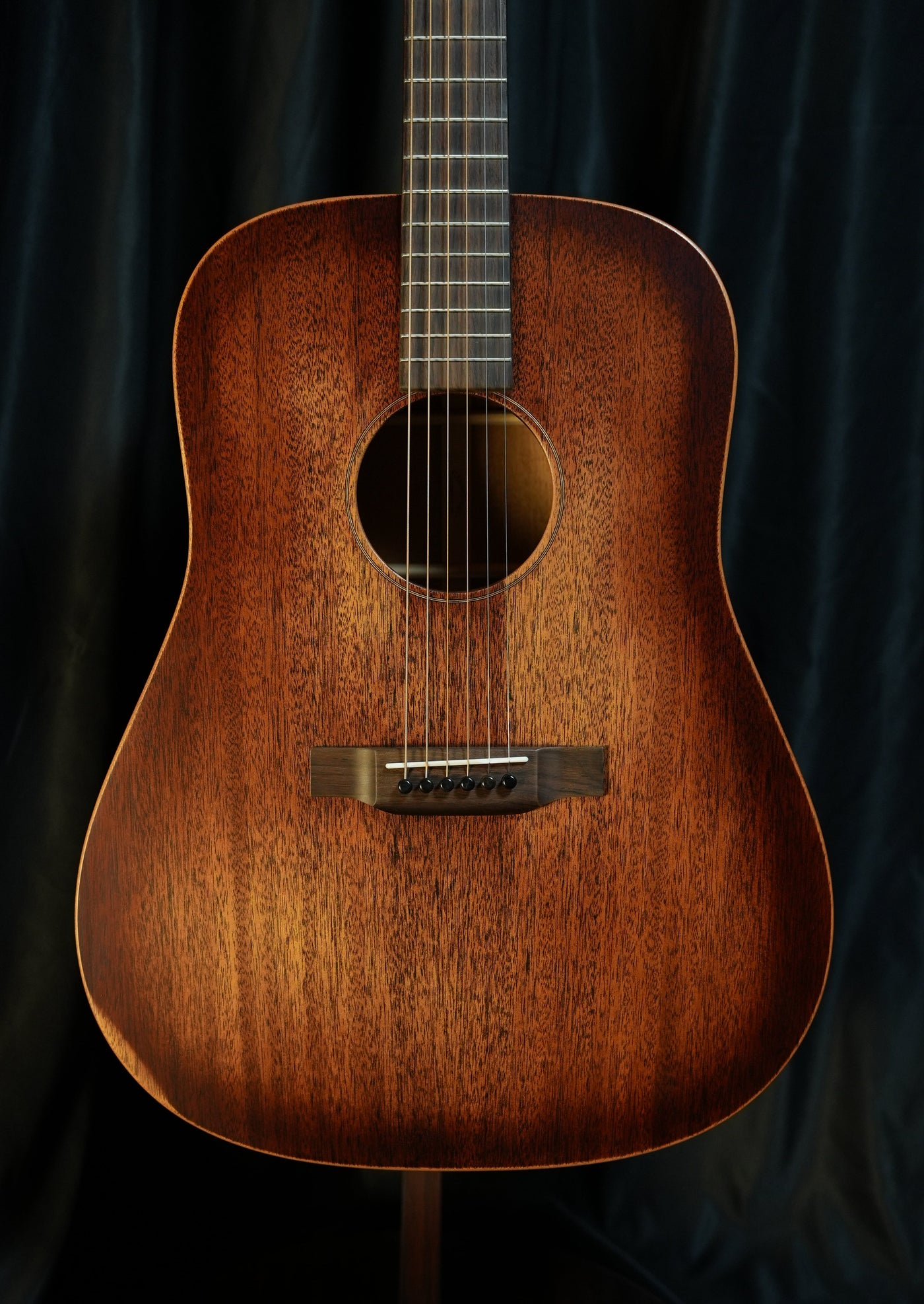 Martin D-15M StreetMaster acoustic guitar full front view; solid mahogany top, back and sides with distressed satin finish