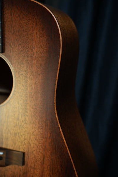 Side profile of Martin D-15M StreetMaster dreadnought body, highlighting mahogany sides and body depth