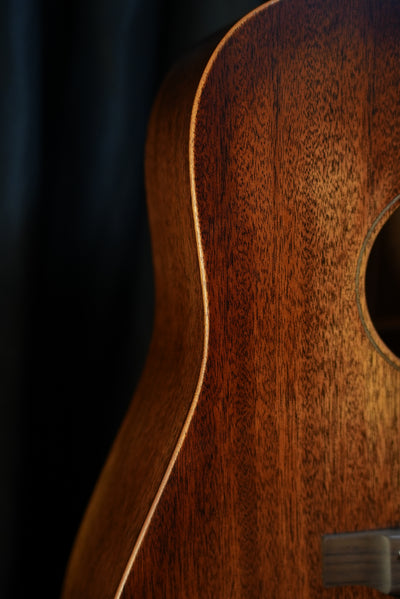 Side profile of Martin D-15M StreetMaster dreadnought body, highlighting mahogany sides and body depth