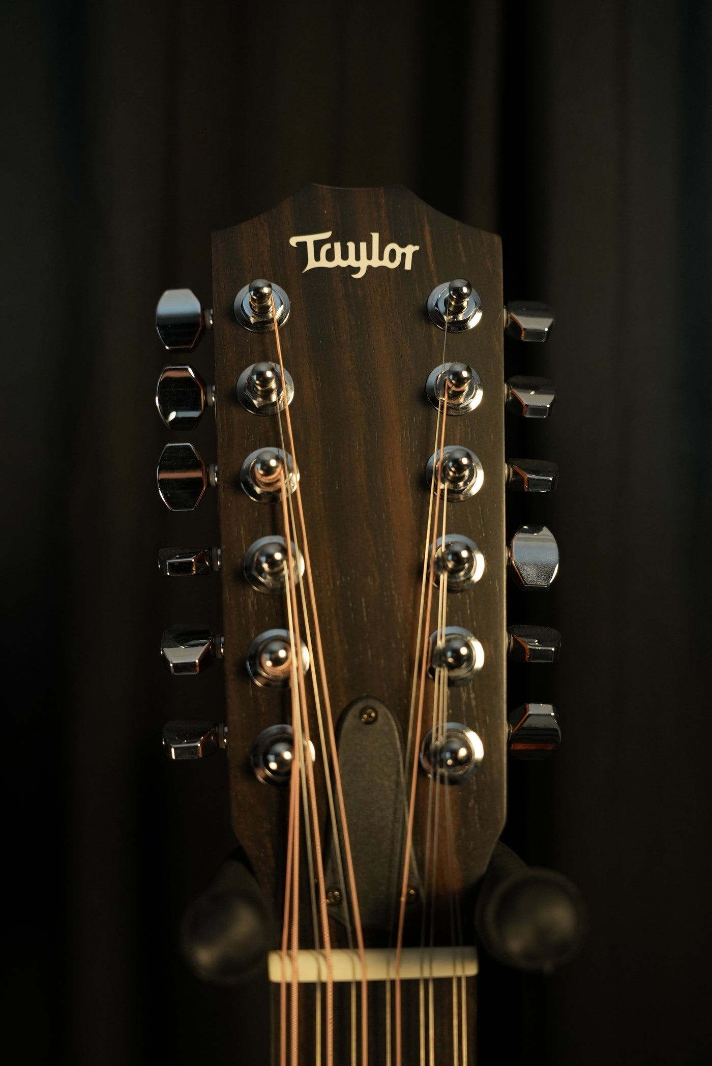 Close view of the Taylor 150ce headstock, mini die-cast tuners, and branding – built for precise tuning and reliability nationwide.