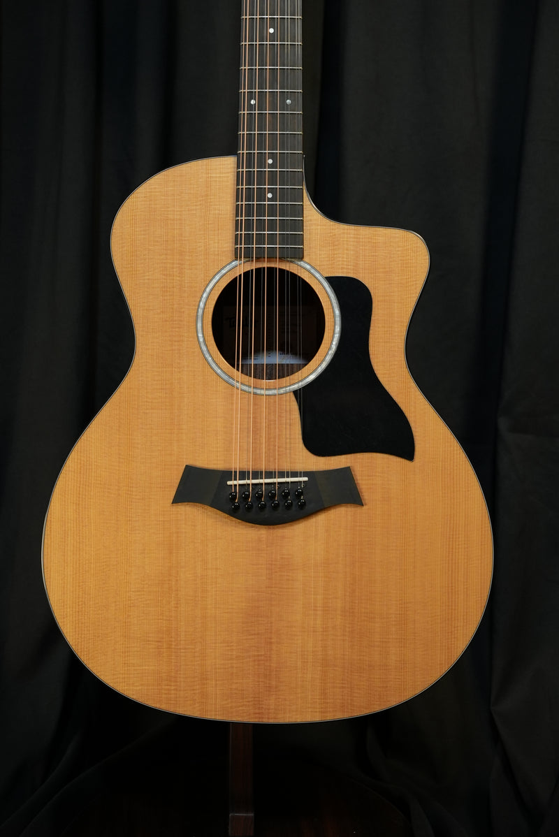 Full front view of the Taylor 254ce Plus showing torrefied Sitka spruce top and Grand Auditorium 12-string design.