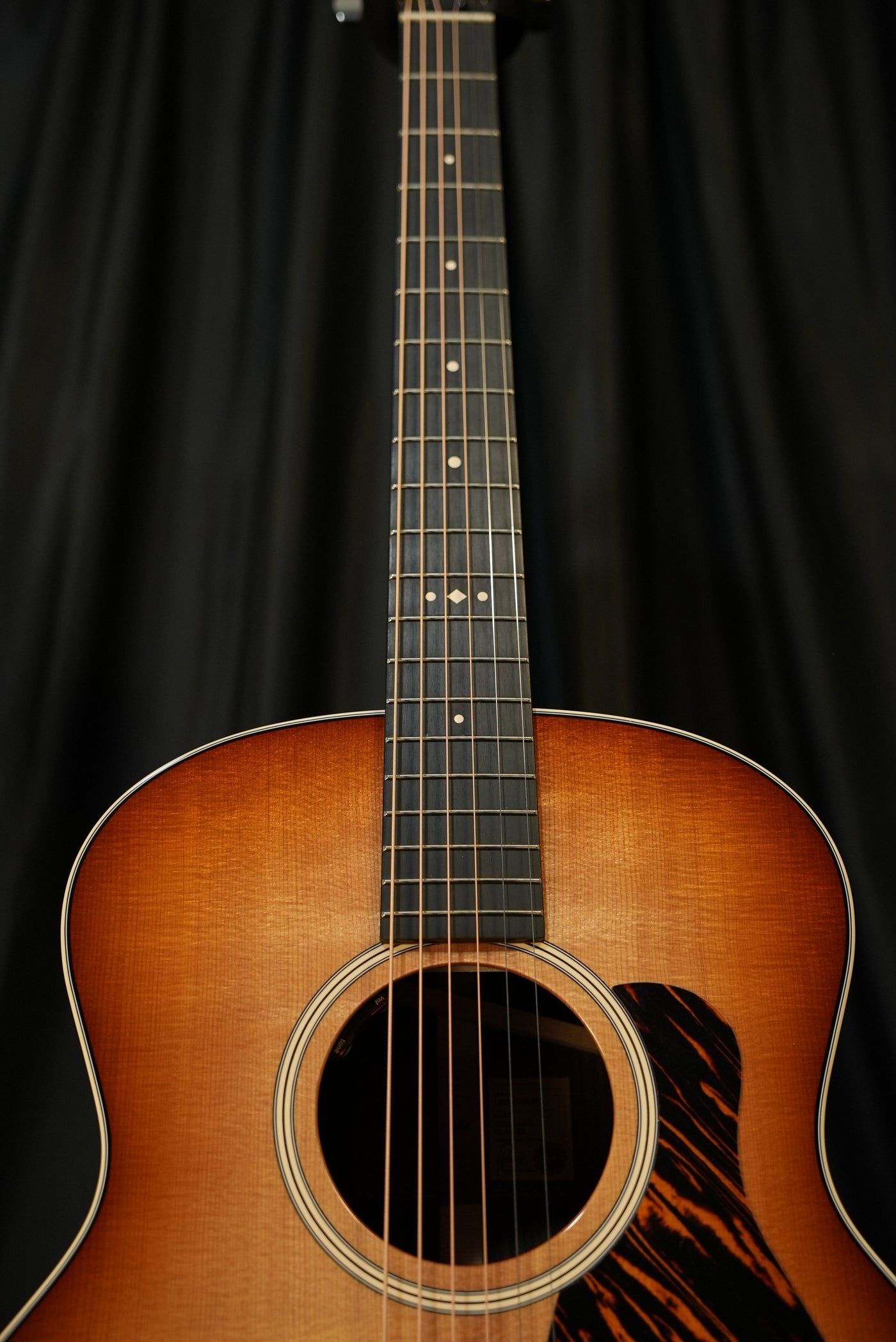 Taylor Gold Label 714e Sunburst torrefied Sitka spruce top Firestripe pickguard detail acoustic-electric guitar USA