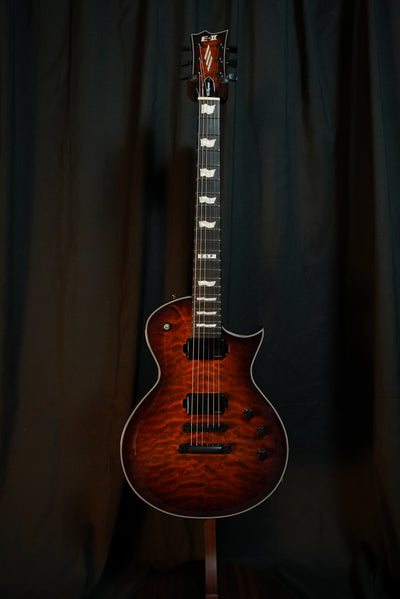 Headstock of ESP E-II Eclipse Tiger Eye Sunburst electric guitar with Gotoh locking tuners and ESP logo
